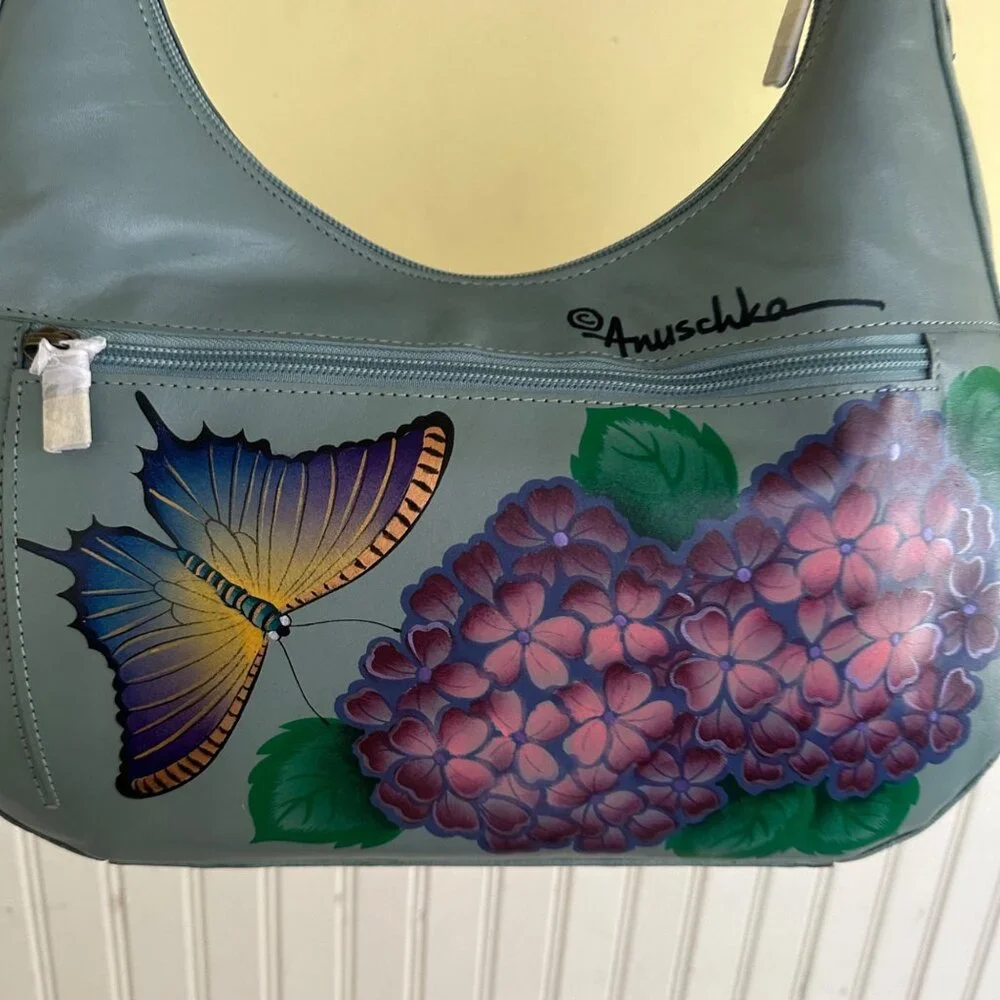 Hand-Painted Anuschka Leather Shoulder Bag With Butterfly & Hydrangea Design NWY